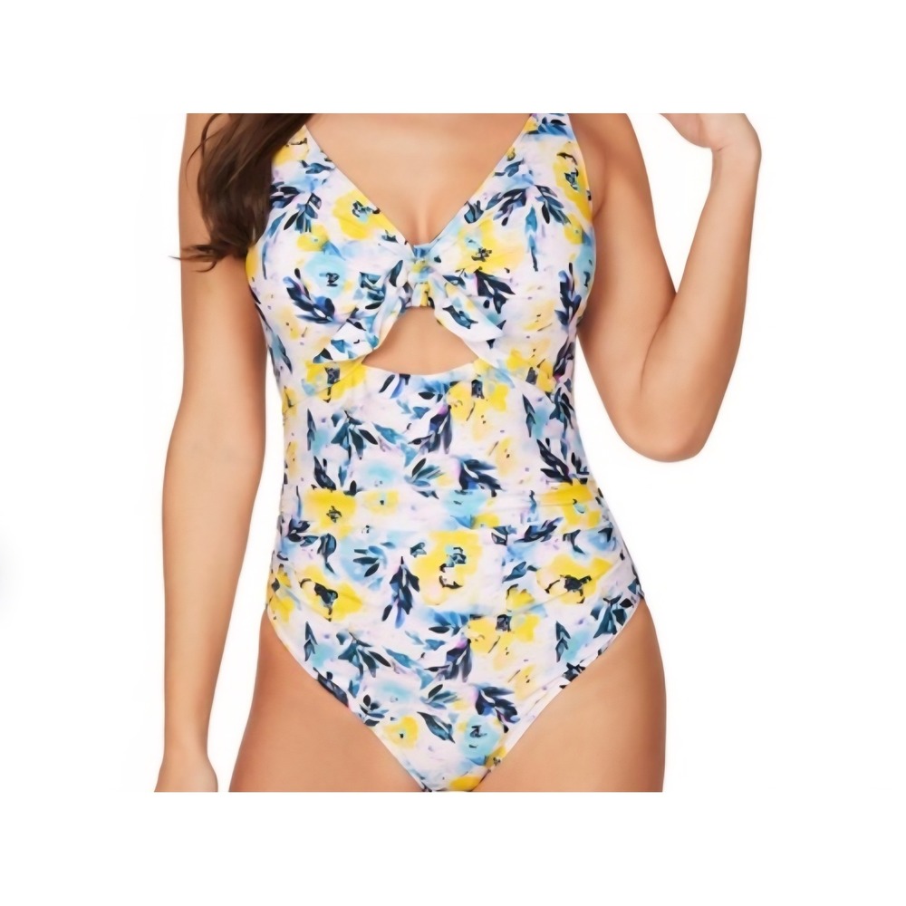 Niptuck One Piece Ruched Sides Swimsuit Womens 6 Yellow Blue Floral Tie Front